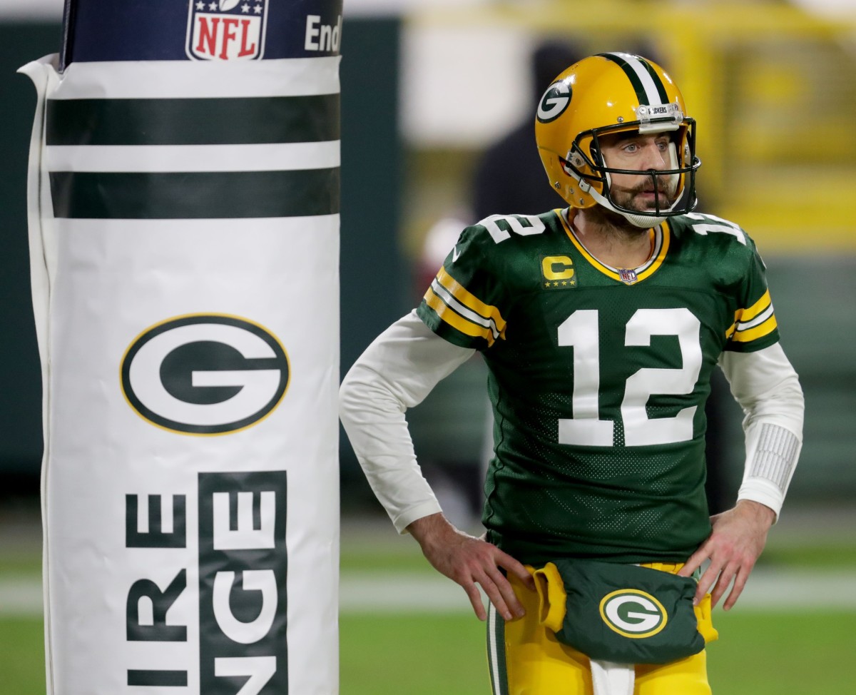 Green Bay Packers quarterback Aaron Rodgers (12) during the 3rd quarter of the Green Bay Packers 32-18 win over the Los Angeles Rams during the NFC divisional playoff game Saturday, Jan. 16, 2021, at Lambeau Field in Green Bay, Wis.
