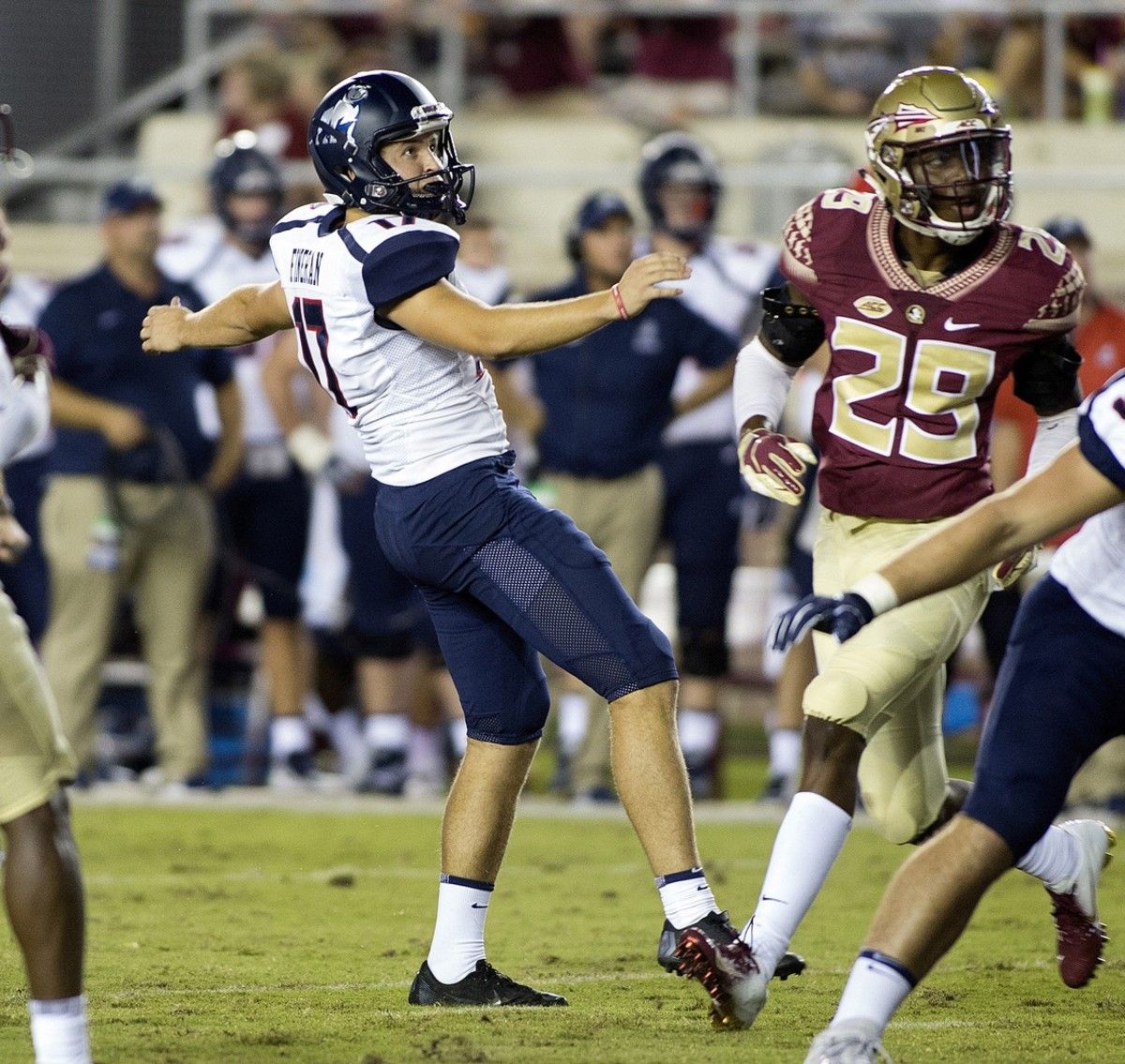 Samford kicker Mitchell Fineran (17) kicks a field goal against Florida State in a 2018 game at Doak Campbell Stadium in Tallahassee, Fla. (Glenn Beil/USA TODAY Sports)