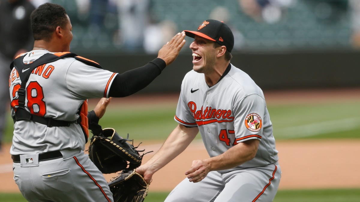 Orioles lefthander John Means celebrates after no-hitting the Mariners on May 5, the third no-no of the season.