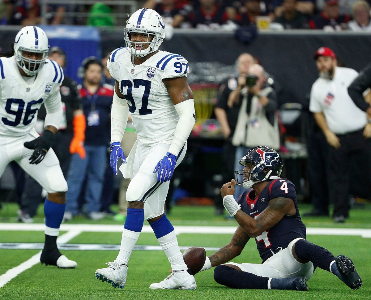 Indianapolis Colts defensive tackle Al-Quadin Muhammad (97) smiles after sacking Houston Texans quarterback Deshaun Watson (4) during their AFC Wild Card playoff game at NRG Stadium in Houston, TX., on Saturday, Jan. 5, 2019. Indianapolis Colts Play At Houston Texans