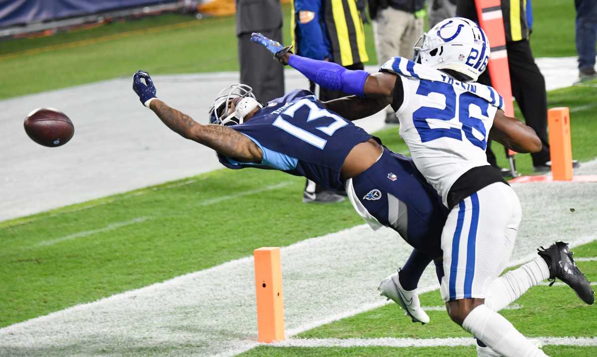 Indianapolis Colts cornerback Rock Ya-Sin (26) breaks up a pass intended for Tennessee Titans wide receiver Cameron Batson (13) on a play ruled pass interference during the second quarter at Nissan Stadium Thursday, Nov. 12, 2020 in Nashville, Tenn.
