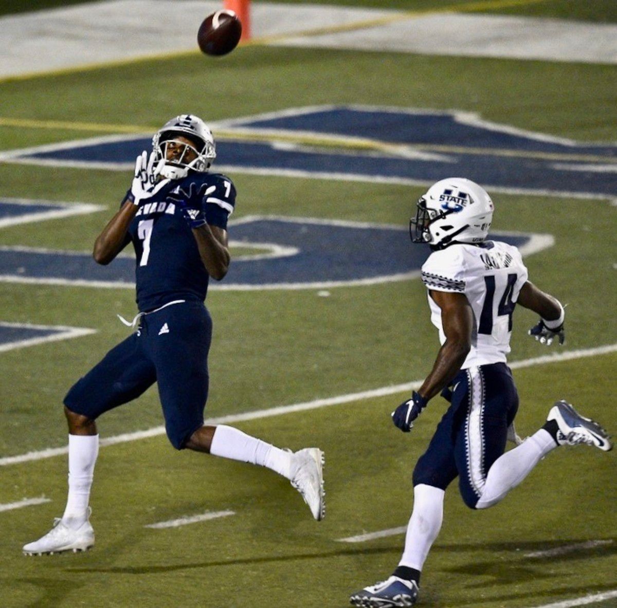 Nevada receiver Romeo Doubs hauls in a touchdown