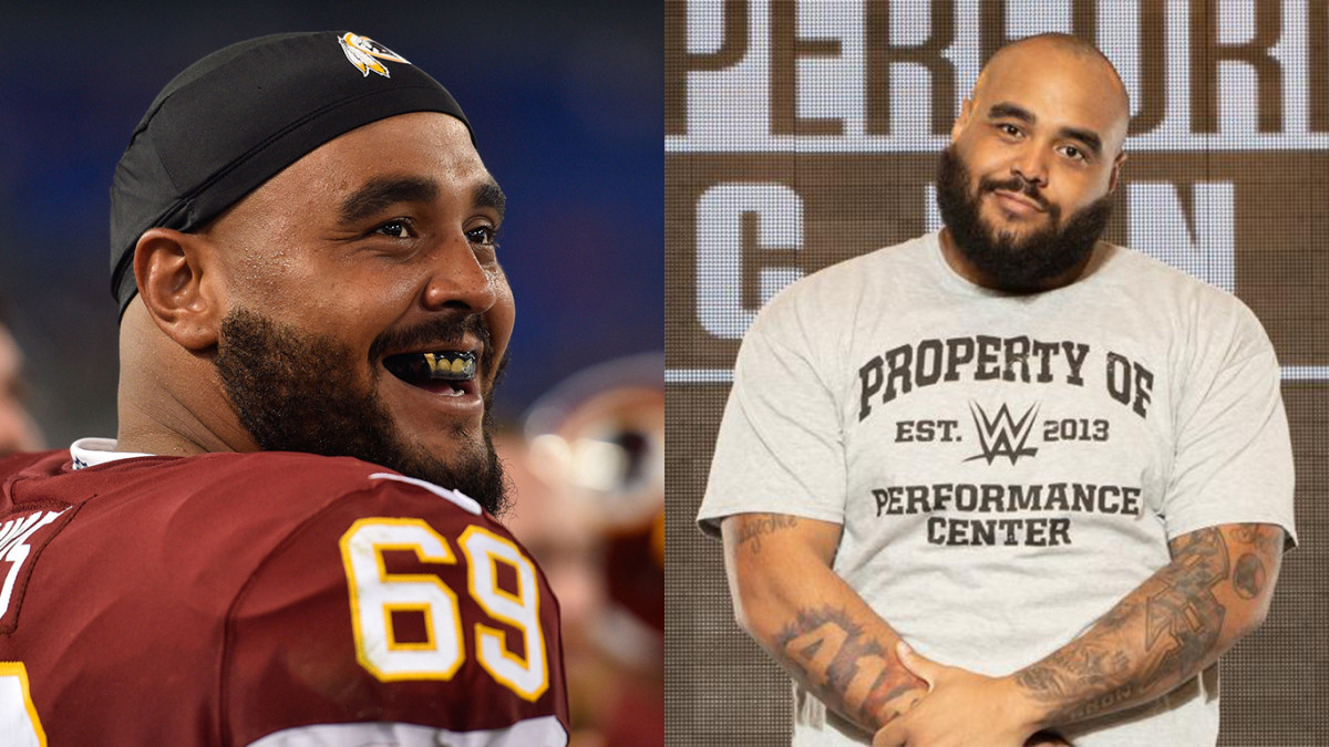 Split photo of AJ Francis during his time with Washington's NFL team and the WWE