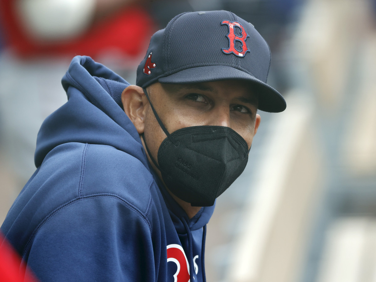 Boston Red Sox manager Alex Cora looks on during the first inning against the Atlanta Braves at CoolToday Park.