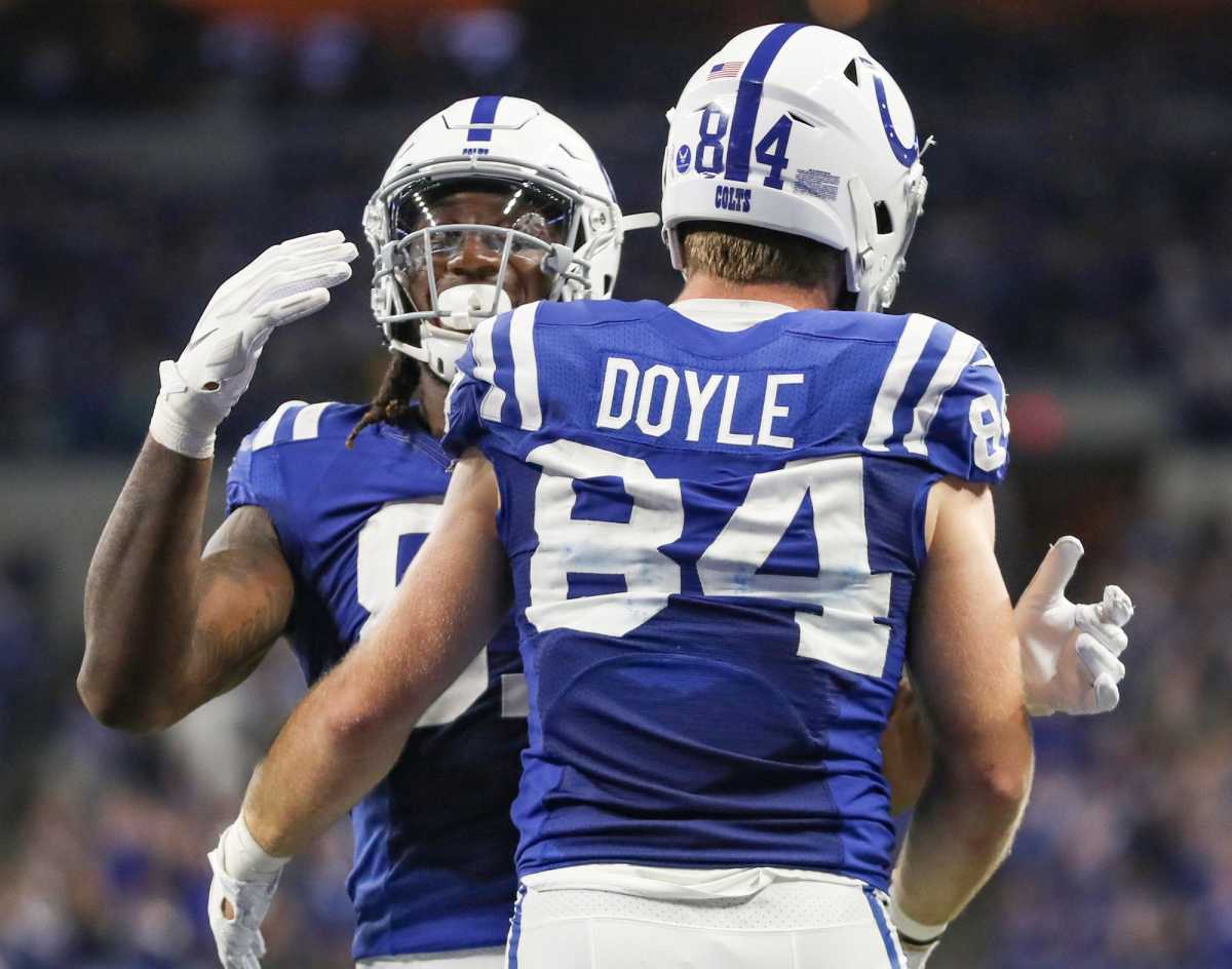 Indianapolis Colts tight end Mo Alie-Cox (81) and tight end Jack Doyle (84) celebrate Doyle's touchdown in the third quarter of their game against the Miami Dolphins at Lucas Oil Stadium in Indianapolis, Sunday, Nov. 10, 2019. Miami won, 16-12. Miami Dolphins At Indianapolis Colts In Nfl Week 10 At Lucas Oil Stadium In Indianapolis Sunday Nov 10 2019