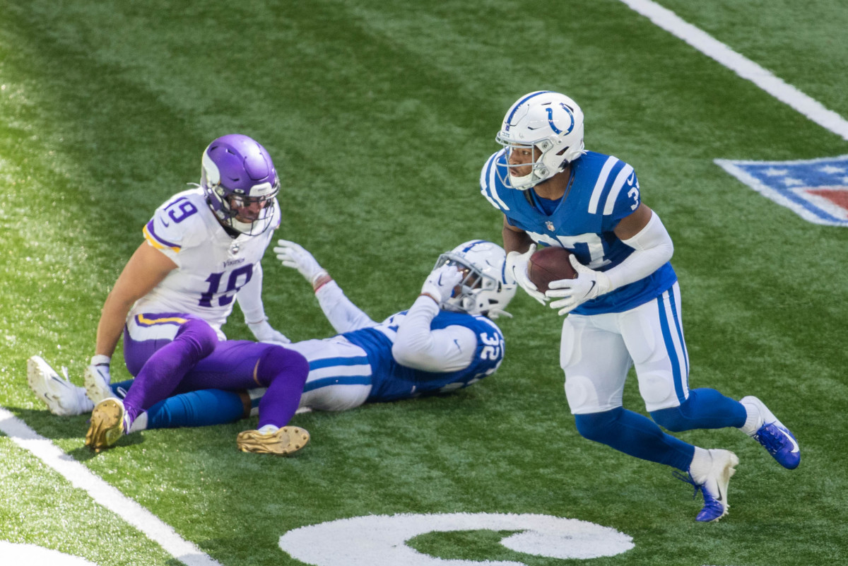 Sep 20, 2020; Indianapolis, Indiana, USA; Indianapolis Colts safety Khari Willis (37) intercepts the ball in the first half against the Minnesota Vikings at Lucas Oil Stadium.