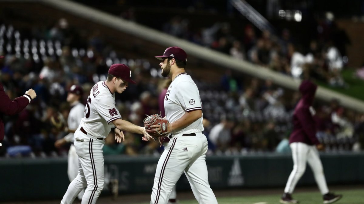 Mississippi State relief pitcher Preston Johnson, center, hurled two hitless, scoreless innings with six strikeouts on Thursday night. (Photo courtesy of Mississippi State athletics)