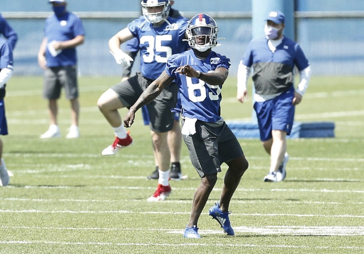 May 14, 2021; East Rutherford, New Jersey, USA; New York Giants wide receiver Kadarius Toney (89) works out during rookie minicamp at Quest Diagnostics Training Center.