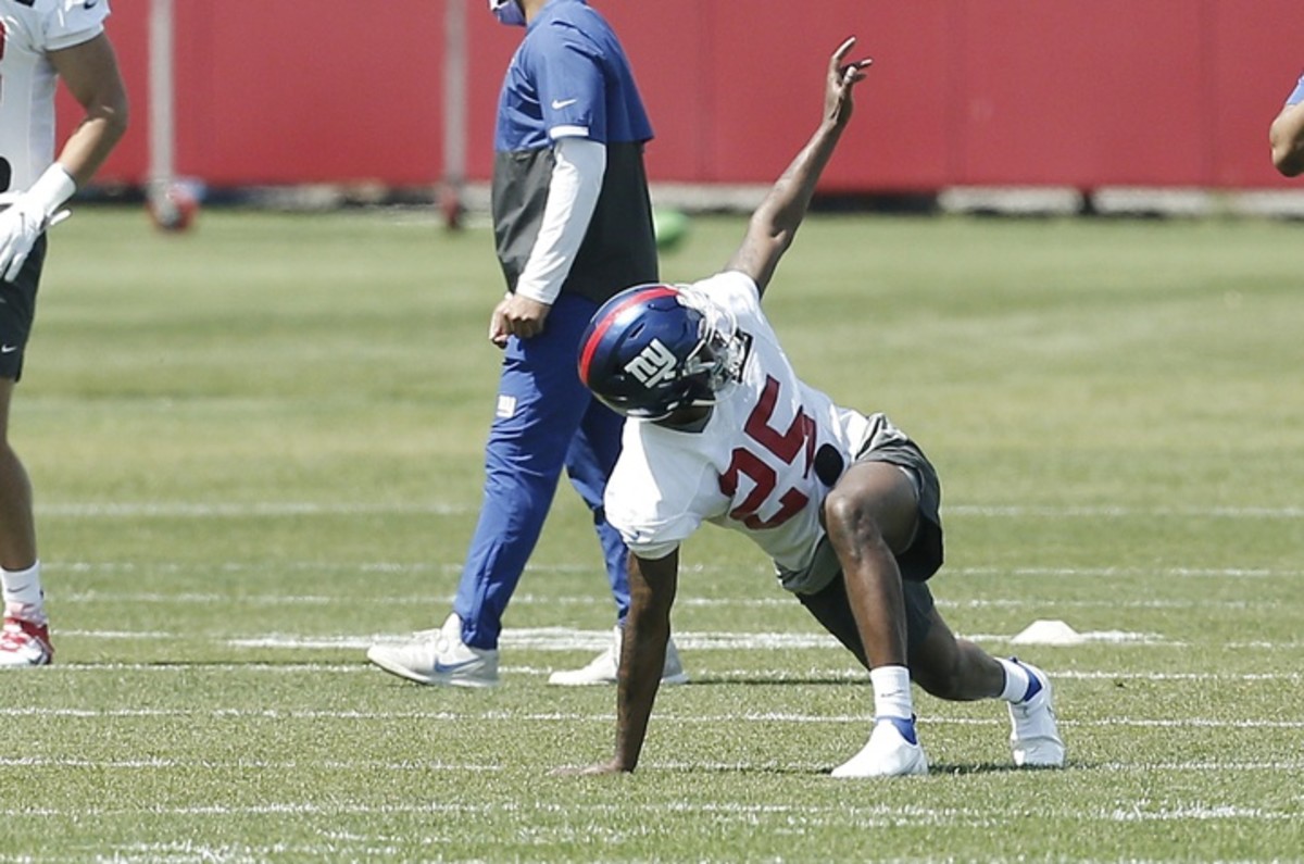May 14, 2021; East Rutherford, New Jersey, USA; New York Giants corner back Rodarius Williams (25) works out during rookie minicamp at Quest Diagnostics Training Center.