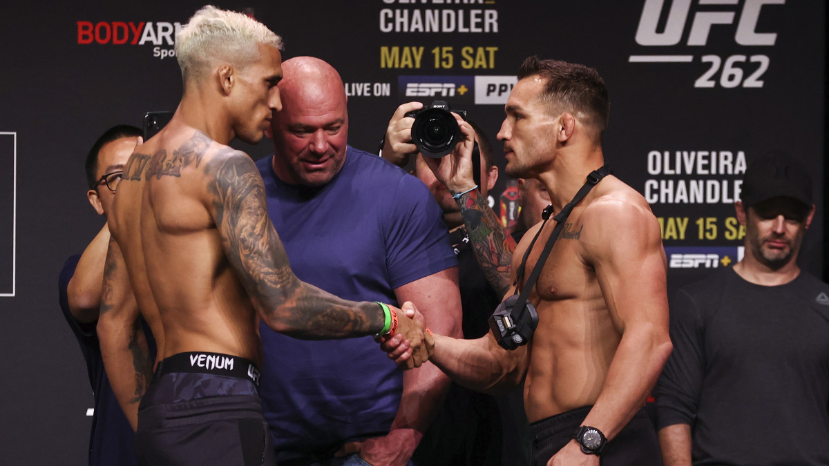 Charles Oliveira and Michael Chandler during weigh ins for UFC 262 at George R Brown Convention Center.