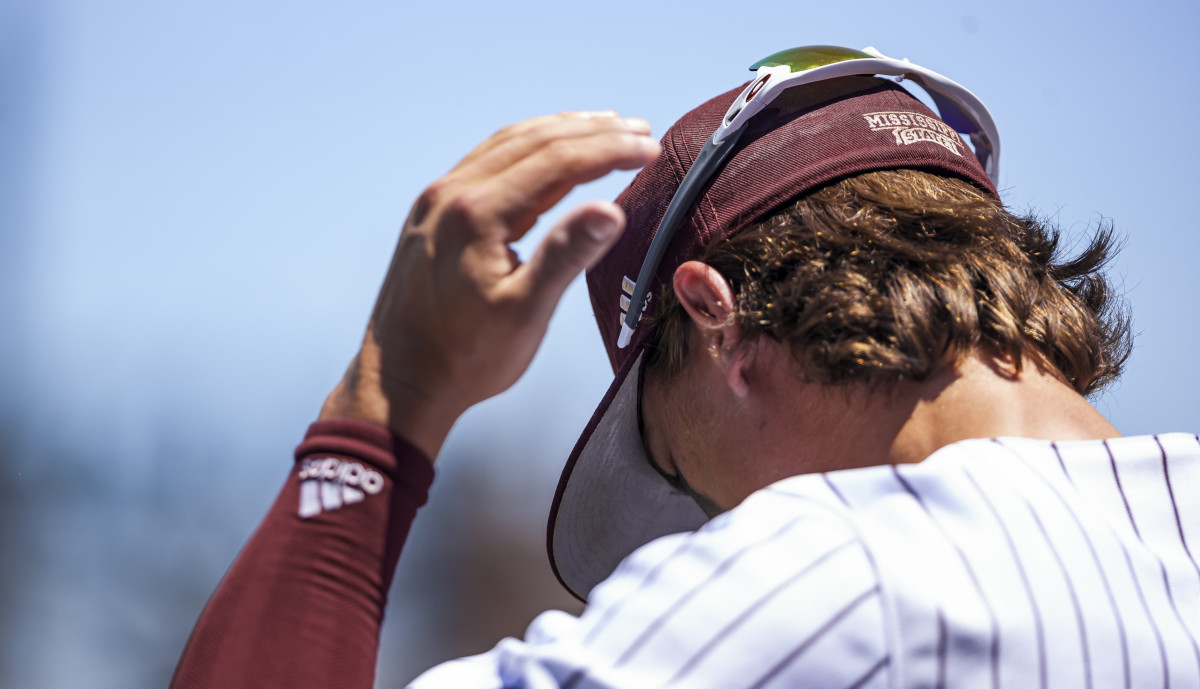 Mississippi State's Tanner Leggett adjusts his hat this past weekend against Missouri. The Bulldogs lost two out of three games to the Tigers and as a result, dropped a few spots in this week's national rankings. (Photo courtesy of Mississippi State athletics)