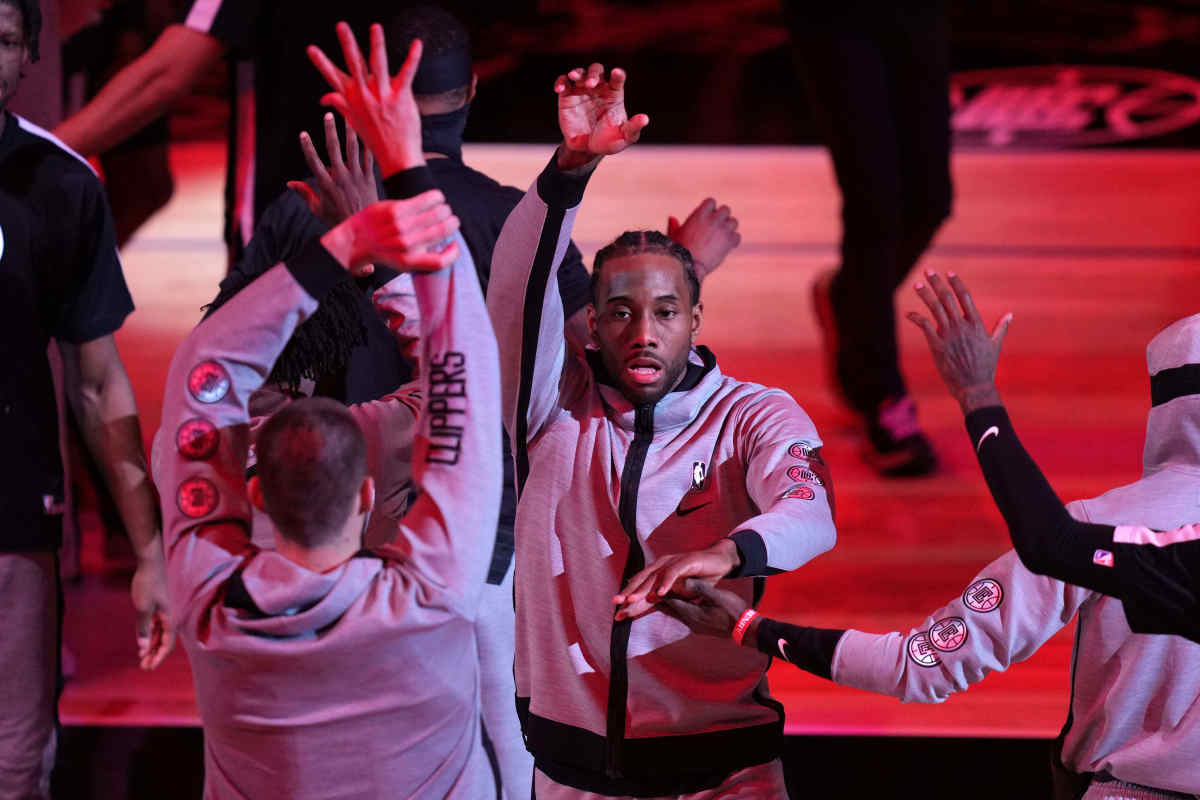 May 6, 2021; Los Angeles, California, USA; LA Clippers forward Kawhi Leonard (2) is introduced before the game against the Los Angeles Lakers in the first half at Staples Center. Mandatory Credit: Kirby Lee-USA TODAY Sports