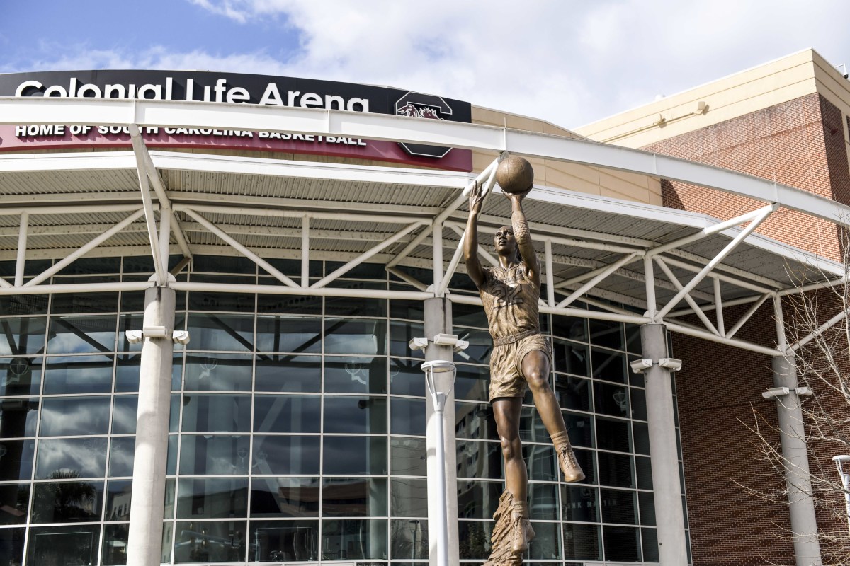 A statue of A'ja Wilson outside Colonial Life Arena