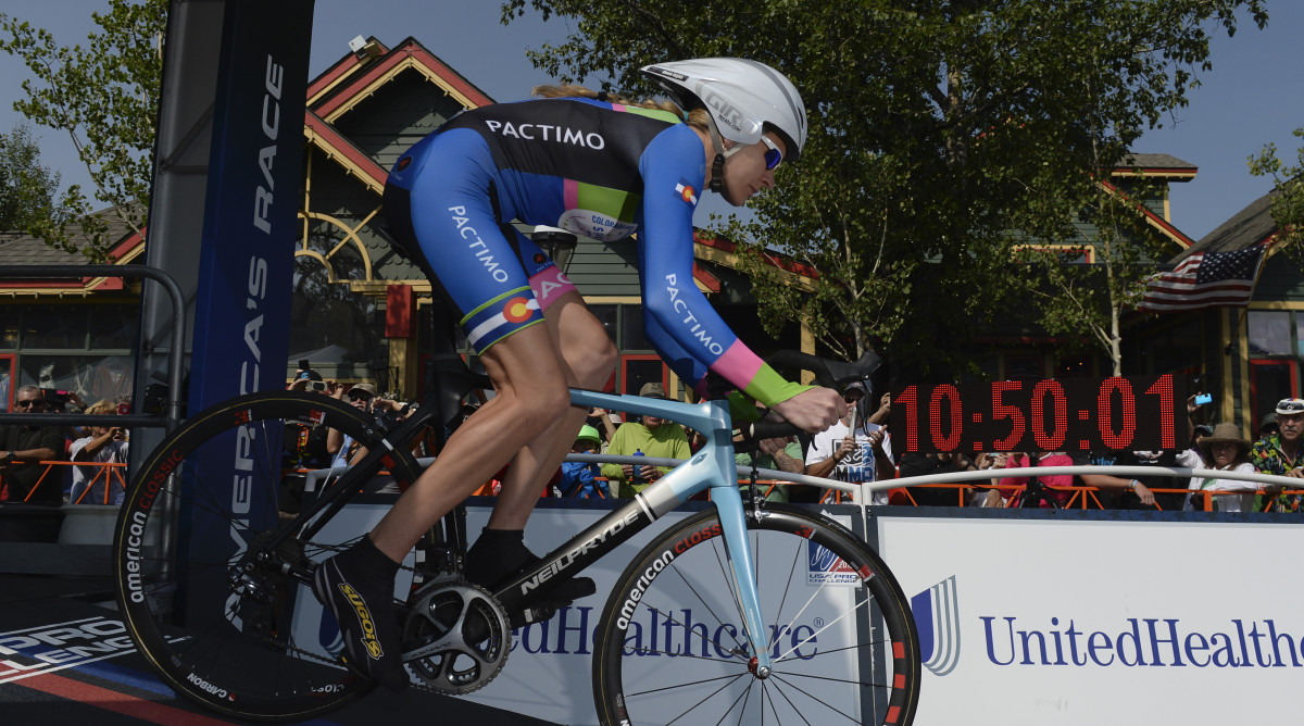 BRECKENRIDGE, CO - AUGUST 21: Pro racer Gwen Inglis, was first to head down the start ramp for the inaugural Women's USA Pro Challenge time trial race August 21, 2015.