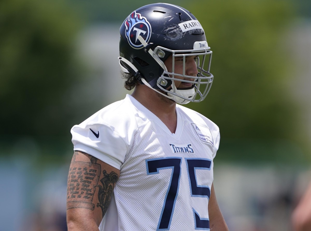 Tennessee Titans offensive lineman Dillon Radunz waits to run a drill during NFL football rookie minicamp Saturday, May 15, 2021, in Nashville, Tenn.
