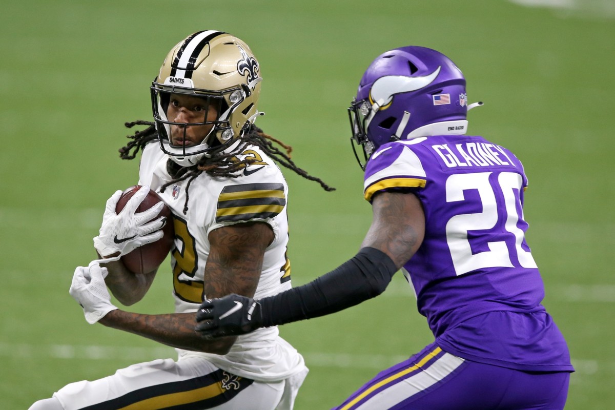 New Orleans Saints wide receiver Marquez Callaway (12) is defended by Vikings cornerback Jeff Gladney (20). Mandatory Credit: Chuck Cook-USA TODAY Sports