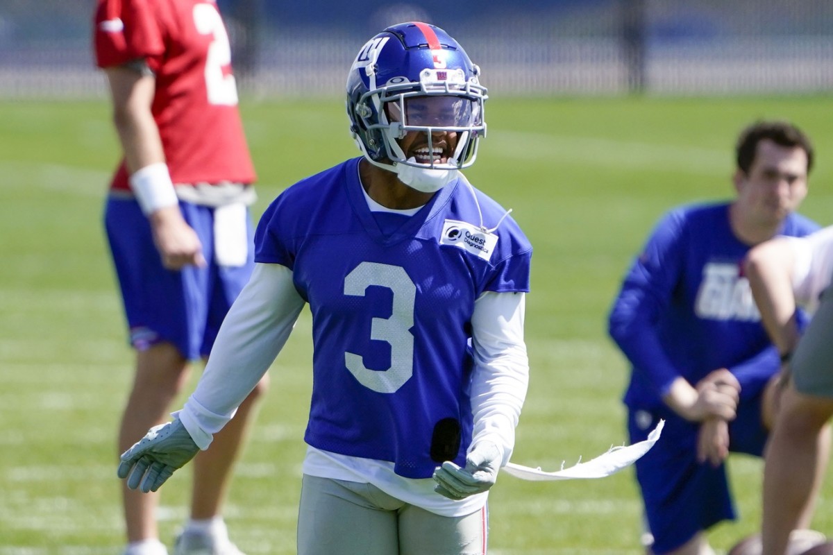 May 27, 2021; East Rutherford, NJ, USA; New York Giants wide receiver Sterling Shepard (3) dances during the Giants OTA practice at the Quest Diagnostic Training Center.