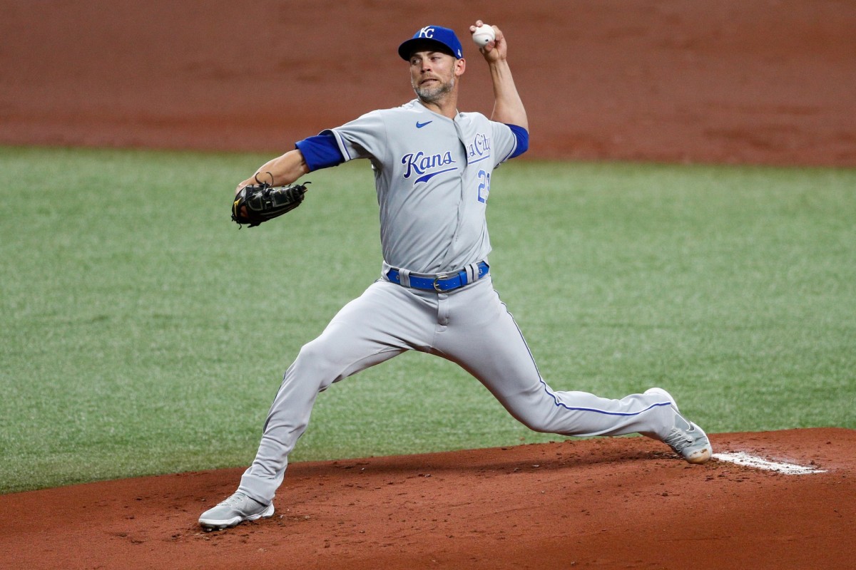 May 26, 2021; St. Petersburg, Florida, USA; Kansas City Royals starting pitcher Mike Minor (23) throws a pitch in the first inning agains the Tampa Bay Rays at Tropicana Field. Mandatory Credit: Nathan Ray Seebeck-USA TODAY Sports