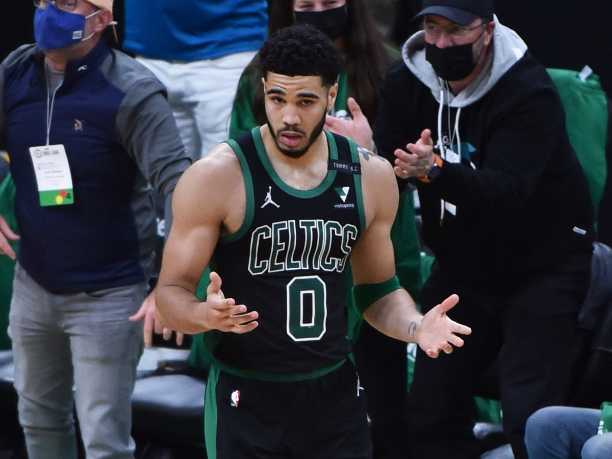 Boston Celtics forward Jayson Tatum (0) reacts after making a basket and getting fouled during the second half during game three in the first round of the 2021 NBA Playoffs against the Brooklyn Nets