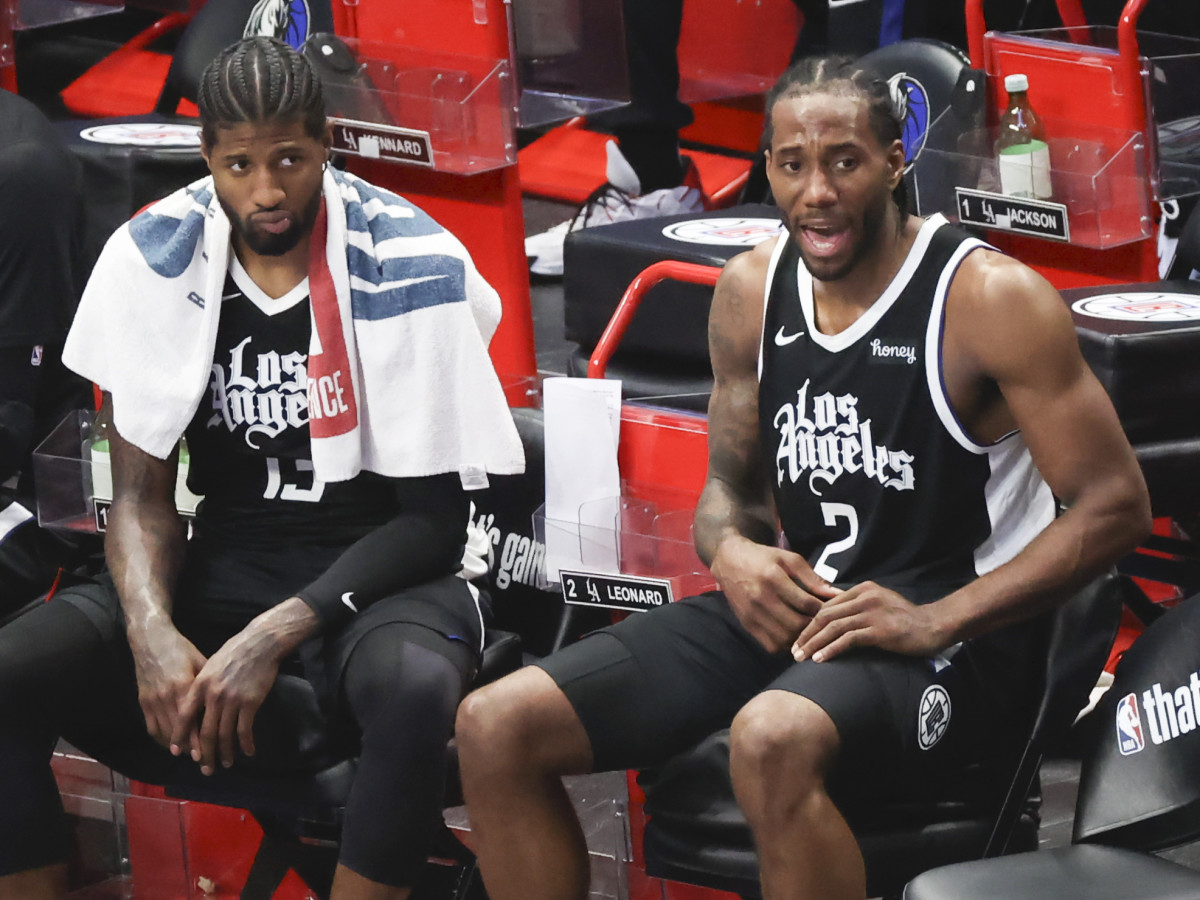 LA Clippers forward Kawhi Leonard (2) and LA Clippers guard Paul George (13) react during the fourth quarter against the Dallas Mavericks in game four in the first round of the 2021 NBA Playoffs