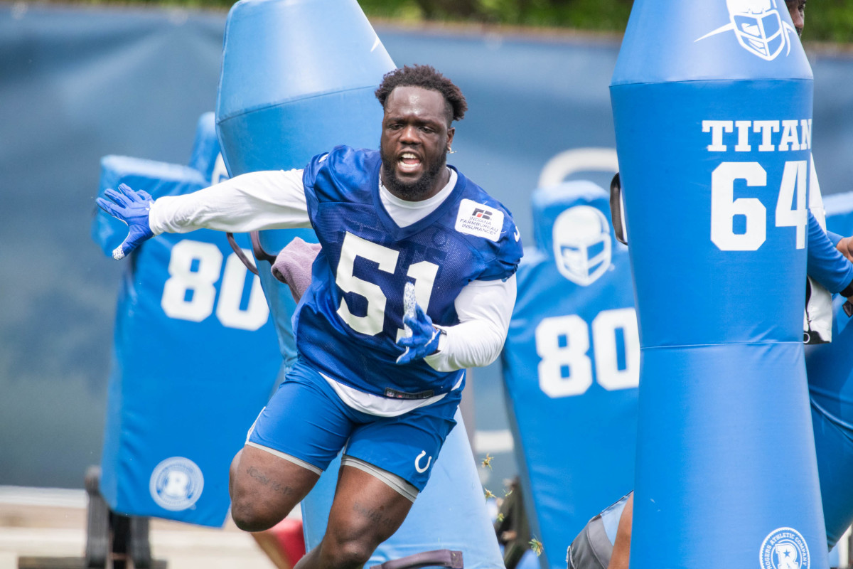May 27, 2021; Indianapolis, Indiana, USA; Indianapolis Colts defensive end Kwity Paye (51) works out during Indianapolis Colts OTAs.