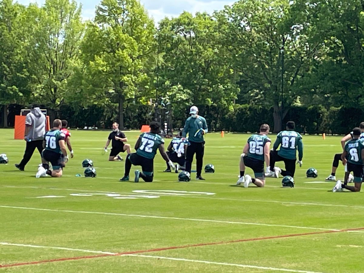 Jack Stoll (No. 85) stretches at the Eagles' recent Rookie Camp