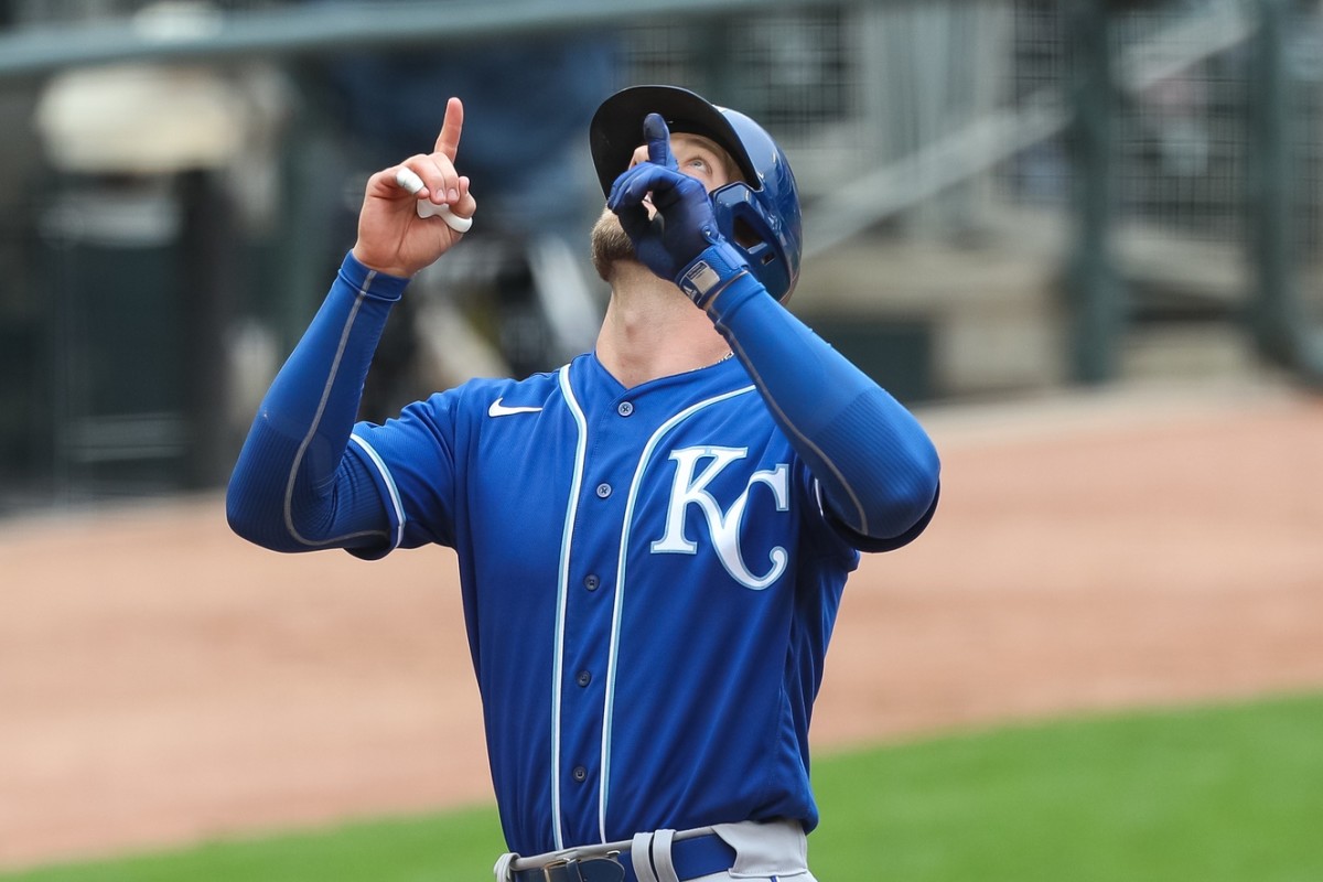 May 30, 2021; Minneapolis, Minnesota, USA; Kansas City Royals designated hitter Hunter Dozier (17) celebrates after hitting a solo home run against the Minnesota Twins in the ninth inning at Target Field. Mandatory Credit: David Berding-USA TODAY Sports