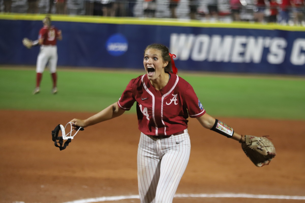 Montana Fouts celebrates a perfect game against UCLA in the WCWS on June 4, 2021.