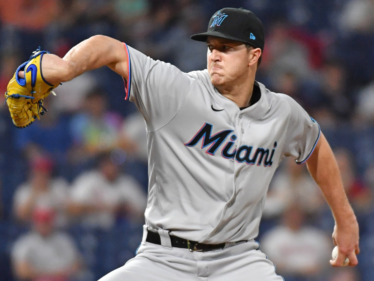 Miami Marlins starting pitcher Trevor Rogers (28) throws a pitch against the Philadelphia Phillies at Citizens Bank Park.