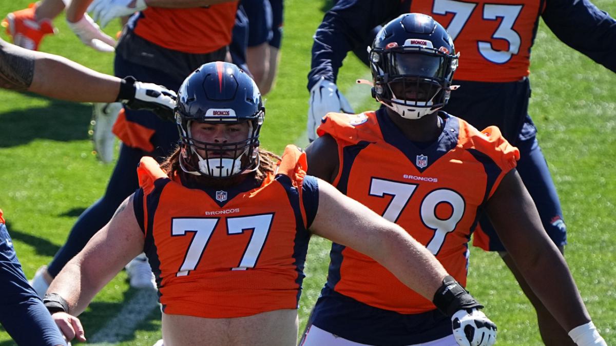 Denver Broncos lineman Cody Conway (60) and lineman Quinn Meinerz (77) and center Lloyd Cushenberry (79) during organized team activities at the UCHealth Training Center.