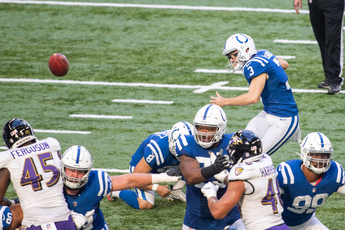 Nov 8, 2020; Indianapolis, Indiana, USA; Indianapolis Colts kicker Rodrigo Blankenship (3) kicks a field goal against the Baltimore Ravens in the first half at Lucas Oil Stadium.
