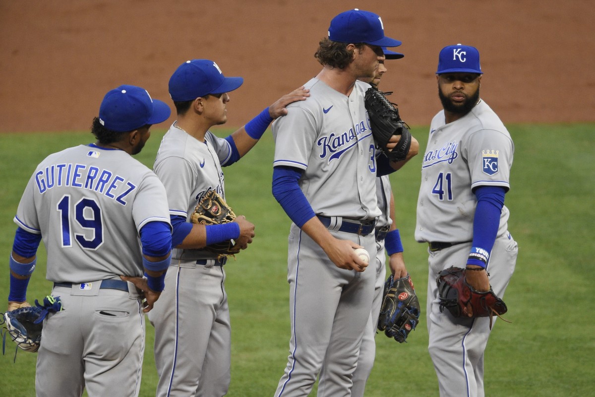 Jun 7, 2021; Anaheim, California, USA; Kansas City Royals starting pitcher Jackson Kowar (37) waits on the mound to be taken out of the game during the first inning against the Los Angeles Angels at Angel Stadium. Mandatory Credit: Kelvin Kuo-USA TODAY Sports