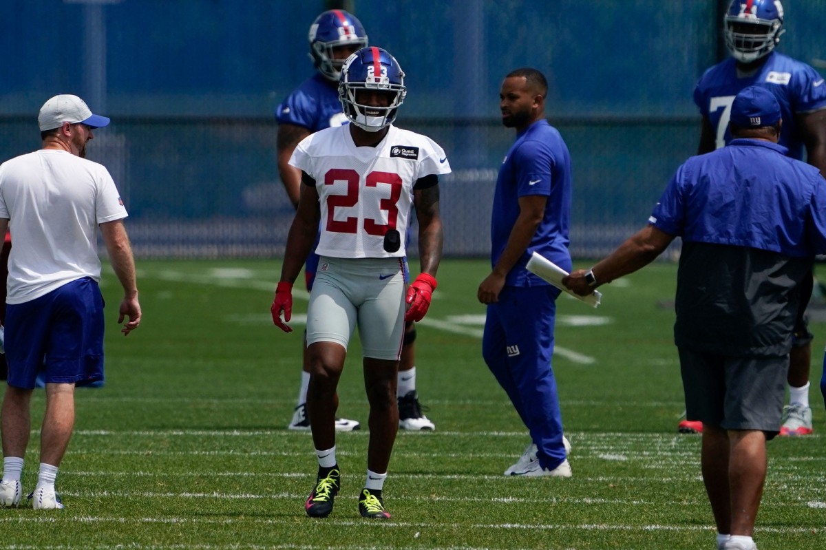 New York Giants defensive back Logan Ryan (23) warms up on the first day of Giants minicamp at Quest Diagnostics Training Center on Tuesday, June 8, 2021, in East Rutherford.