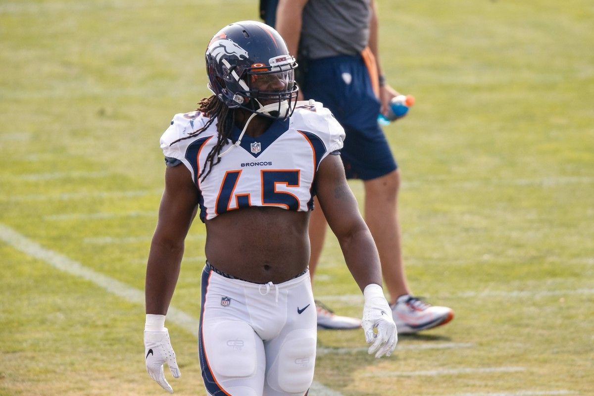 Denver Broncos linebacker Alexander Johnson (45) during training camp at the UCHealth Training Center.