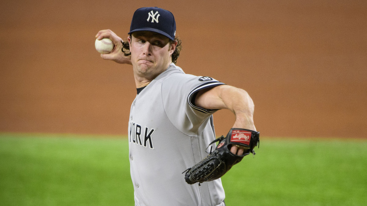 New York Yankees starting pitcher Gerrit Cole (45) pitches against the Texas Rangers during the fifth inning at Globe Life Field.