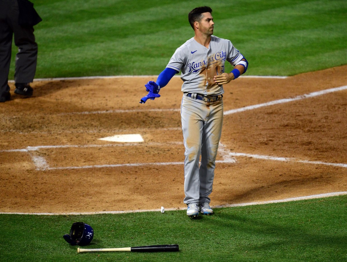 Jun 8, 2021; Anaheim, California, USA; Kansas City Royals second baseman Whit Merrifield (15) reacts after striking out to end the top of the fifth inning against the Los Angeles Angels at Angel Stadium. Mandatory Credit: Gary A. Vasquez-USA TODAY Sports