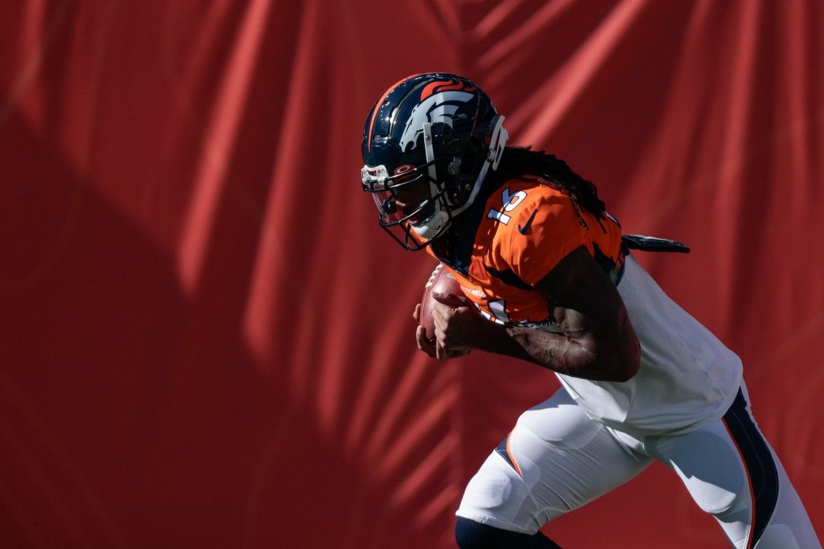 Denver Broncos wide receiver Tyrie Cleveland (16) before the game against the Los Angeles Chargers at Empower Field at Mile High.