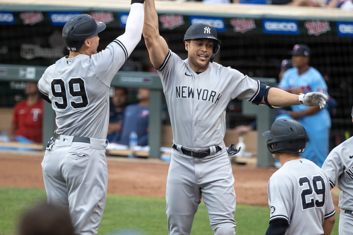 Yankees DH Giancarlo Stanton celebrates home run