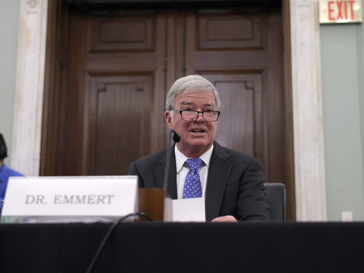 NCAA president Mark Emmert speaks during a Senate Commerce, Science and Transportation Committee hearing on “NCAA Athlete NIL (name, image, and likeness) Rights” on Capitol Hill on June 9, 2021 in Washington, DC. Congress hopes to pass legislation on NIL compensation at the federal level before it takes effect in several states across the country on July 1.