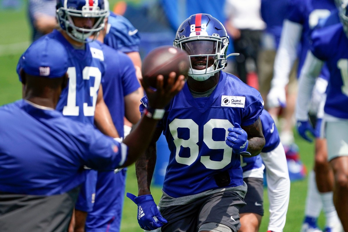 New York Giants rookie wide receiver Kadarius Toney (89) participates in drills on the first day of Giants minicamp at Quest Diagnostics Training Center on Tuesday, June 8, 2021, in East Rutherford.