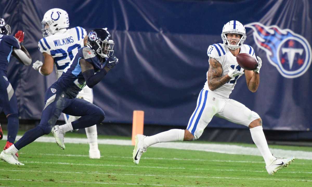 Indianapolis Colts wide receiver Michael Pittman Jr. (11) makes a catch during the first quarter at Nissan Stadium Thursday, Nov. 12, 2020 in Nashville, Tenn.