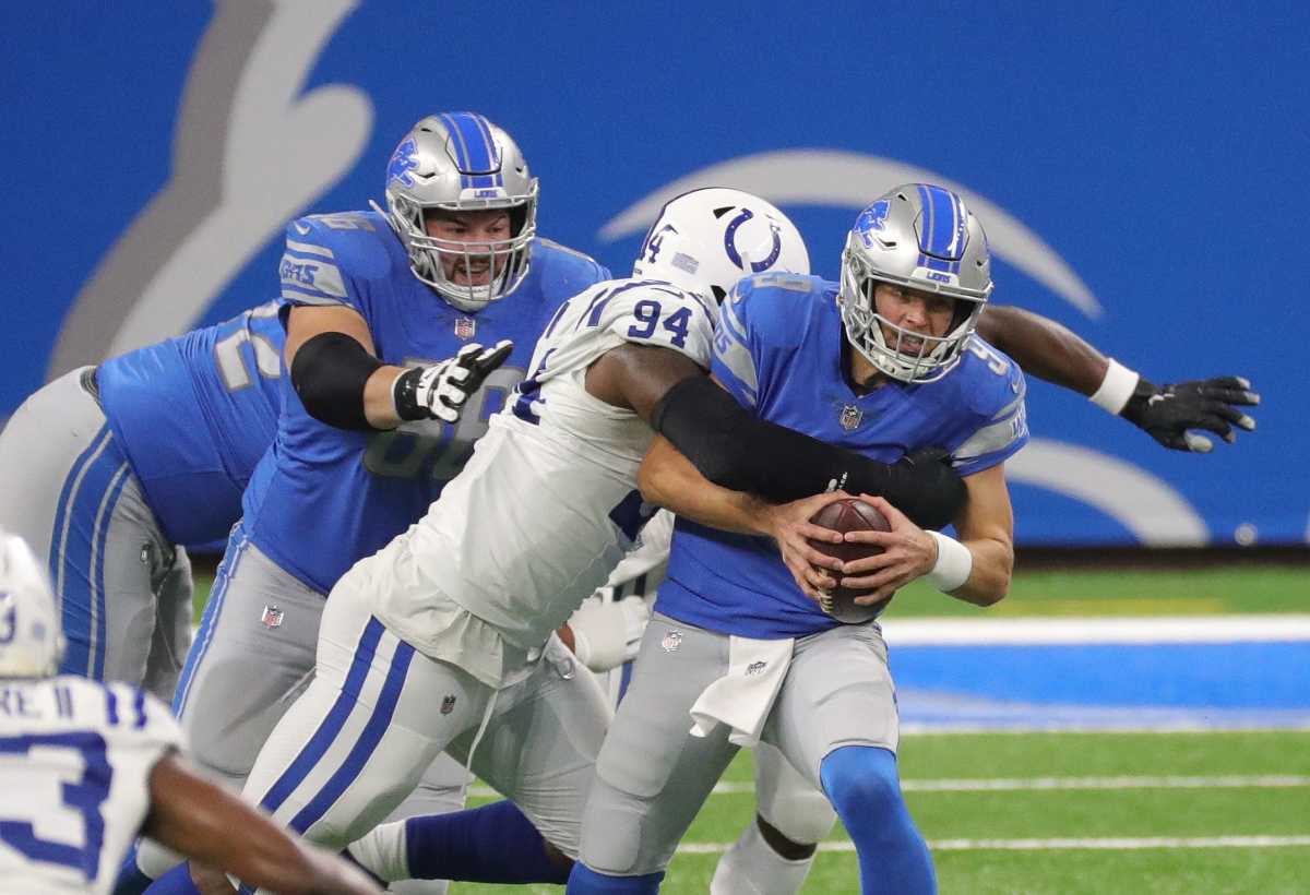Lions quarterback Matthew Stafford is sacked by Colts defensive end Tyquan Lewis during the first half on Sunday, Nov. 1, 2020, at Ford Field. Sad Detroit Lions, Sad Matthew Stafford