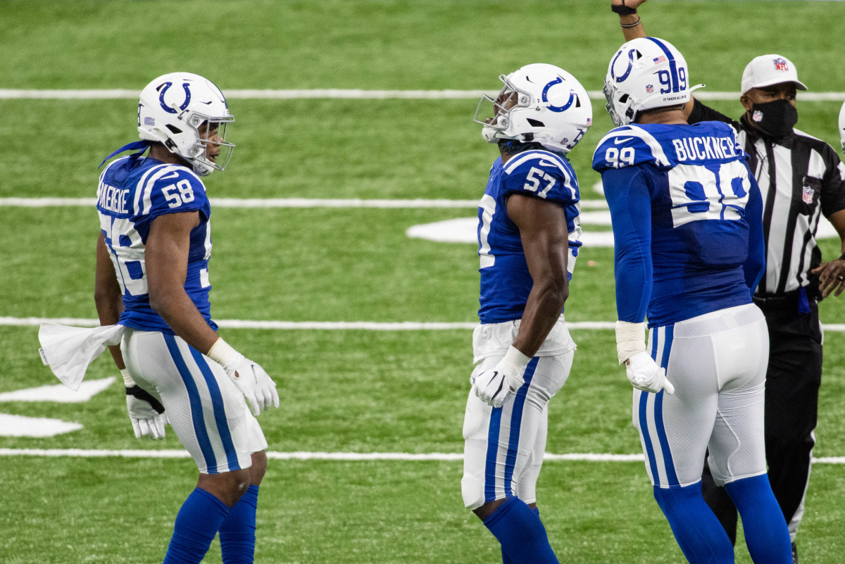 Jan 3, 2021; Indianapolis, Indiana, USA; Indianapolis Colts defensive end Kemoko Turay (57) celebrates his sack with teammates in the second half against the Jacksonville Jaguars at Lucas Oil Stadium.