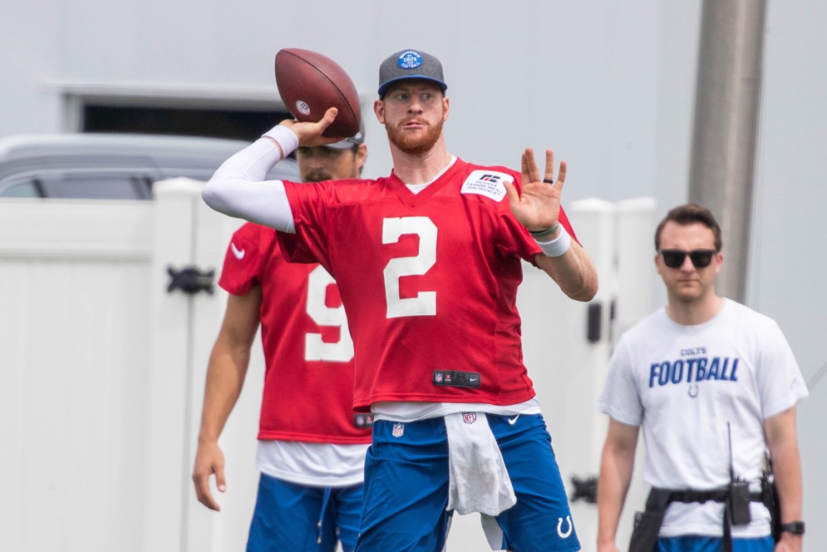 Indianapolis Colts quarterback Carson Wentz (2) throws the ball during Indianapolis Colts OTAs.