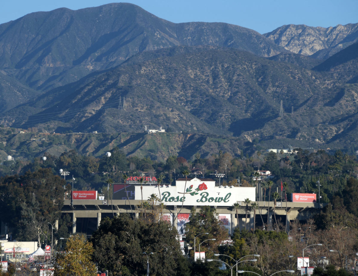 General overall view of Rose Bowl Stadium and the San Gabriel Mountains before the 106th Rose Bowl between the Oregon Ducks and the Wisconsin Badgers.