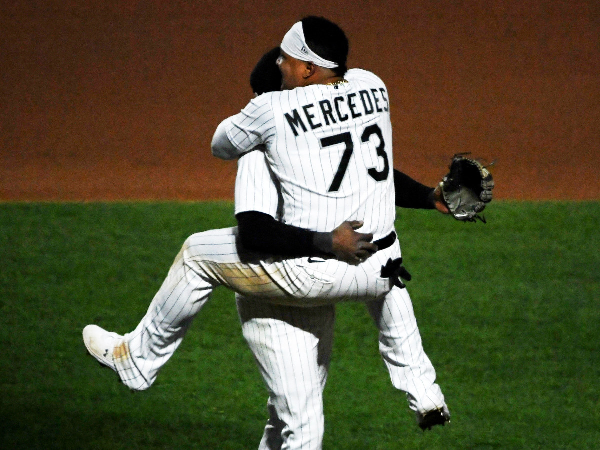 May 11, 2021; Chicago, Illinois, USA; Catcher Yermin Mercedes (73) and Chicago White Sox shortstop Tim Anderson (7),celebrate the team win against the Minnesota Twins at Guaranteed Rate Field.