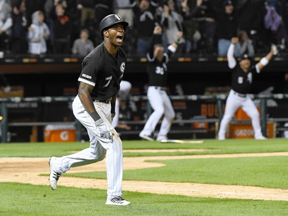 Apr 26, 2019; Chicago, IL, USA; Chicago White Sox shortstop Tim Anderson (7) reacts after hitting the game winning home run during the ninth inning at Guaranteed Rate Field.