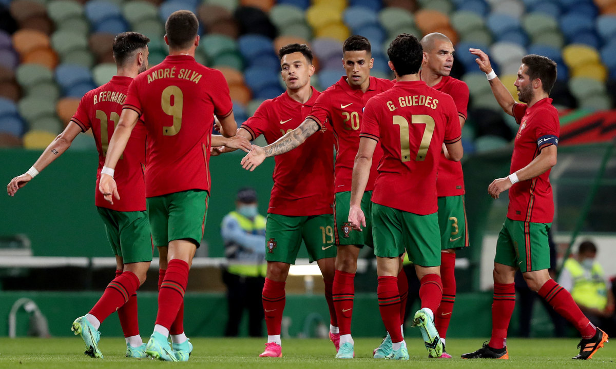 Portugal players celebrate a goal in a friendly before Euro 2020