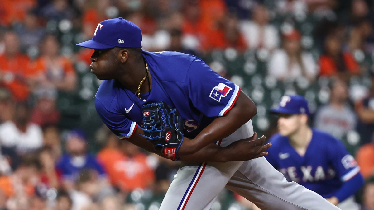 Jun 15, 2021; Houston, Texas, USA; Texas Rangers relief pitcher Demarcus Evans (67) delivers a pitch during the tenth inning against the Houston Astros at Minute Maid Park.