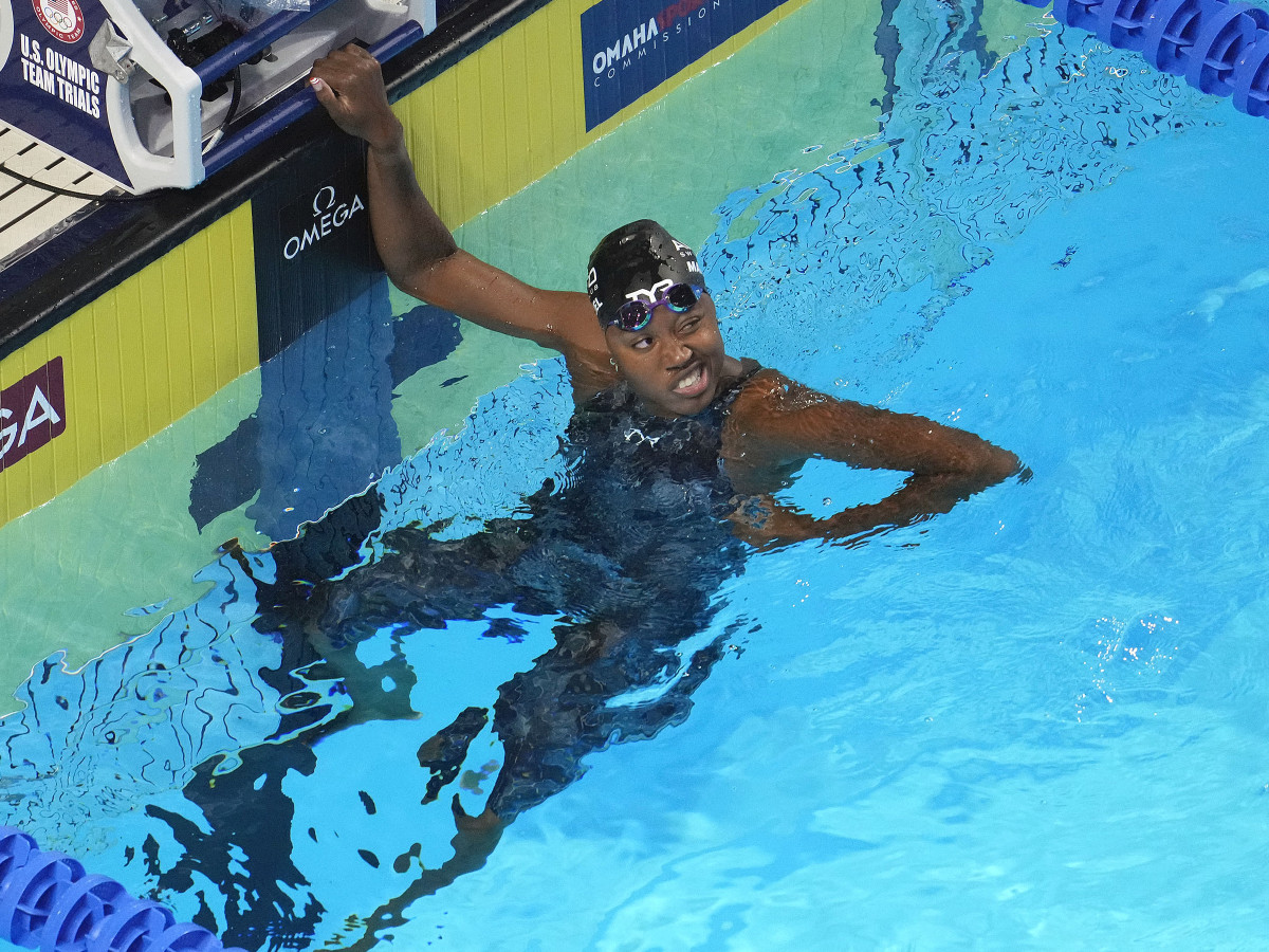 Simone Manuel reacts after swimming in the Women s 100m Freestyle prelims during the U.S. Olympic Team Trials Swimming competition at CHI Health Center Omaha.